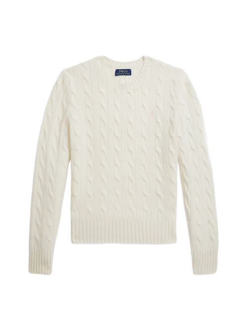 Maglia da bambina in misto lana e cashmere, lavorazione a trecce, girocollo, colore bianco. POLO RALPH LAUREN | 312877375009